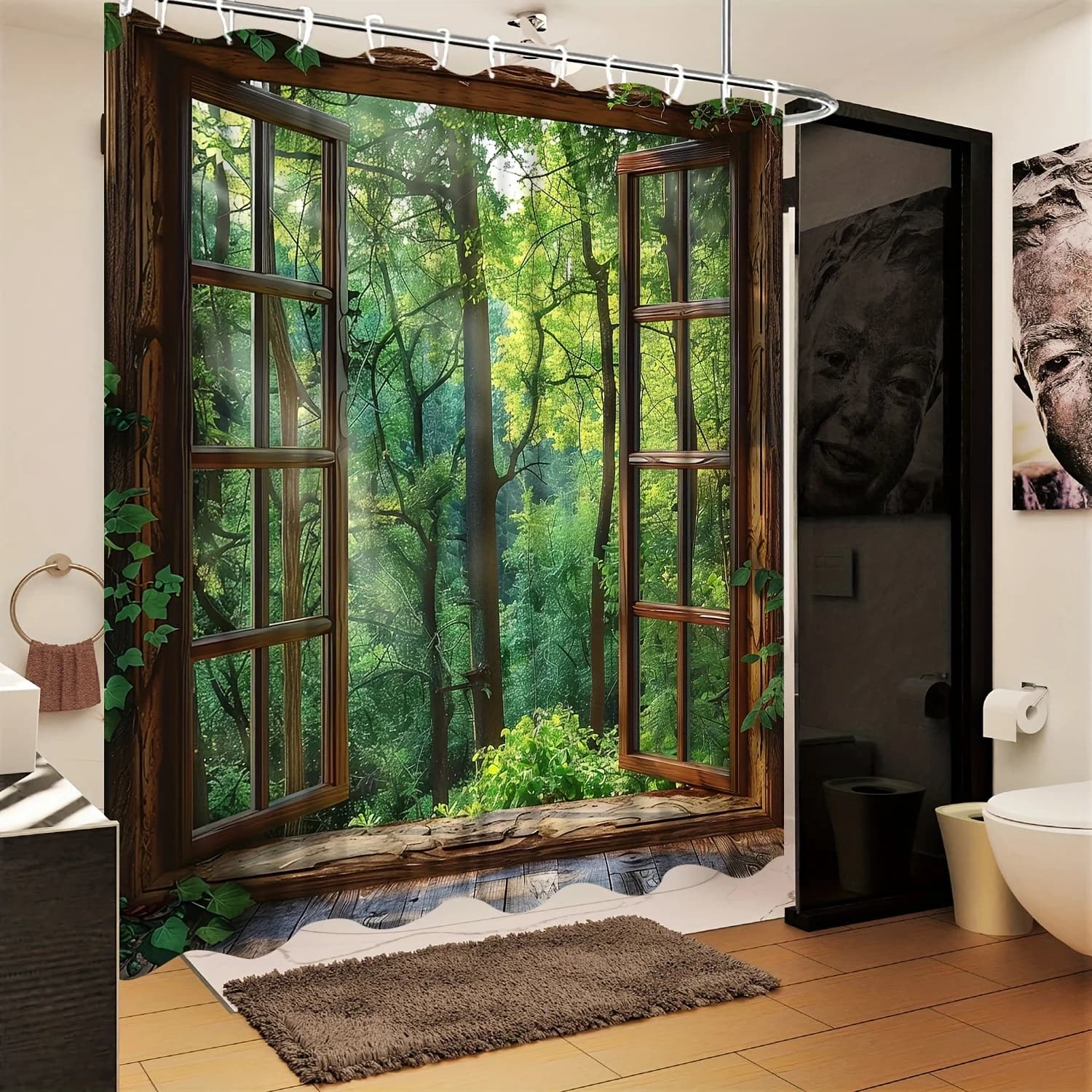 Tenda da doccia per finestra Forest View - Decorazione da bagno multi-stile, perfetta per quelle che amano i disegni pratici e ispirati alla natura