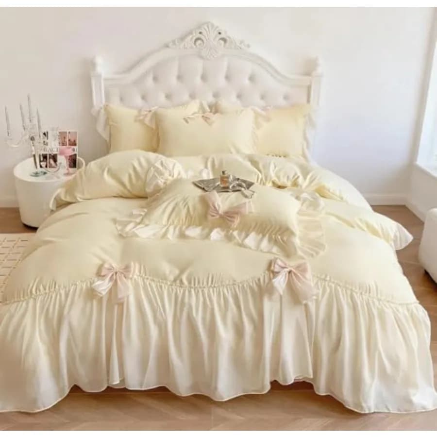 Set Copripiumino con Volant e Fiocco, 3 Pezzi, con Chiusura a Cerniera, per Letto Principessa Bambina