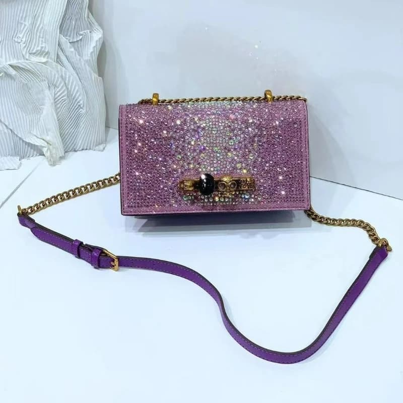 Borsa da Sera Elegante con Diamanti, Nuovo Modello con Chiusura in Metallo e Tracolla a Catena, Raffinata Borsa a Tracolla Singola