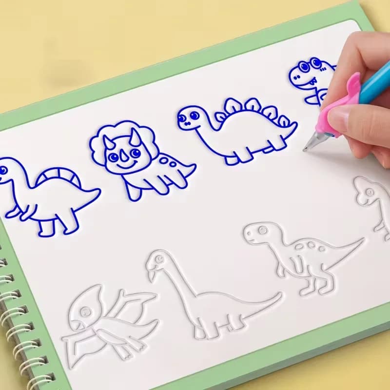 Magic Writing&Drawing Practice Book,Kids 3D Tracing Workbook with Stencil Animals&Shapes,Reusable Tactile Learning Activity