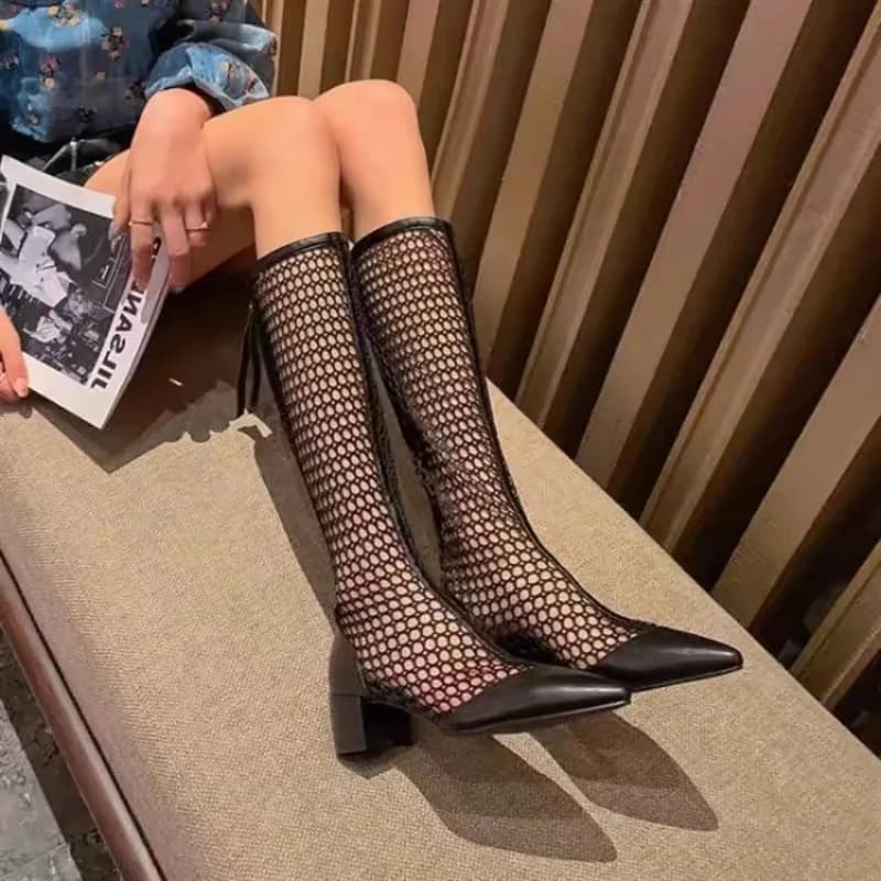 Stivali Estivi Sottili in Rete per Donne con Tacco Spesso e Design Traspirante, Stivaletti con Suola Spessa e Tacco Alto