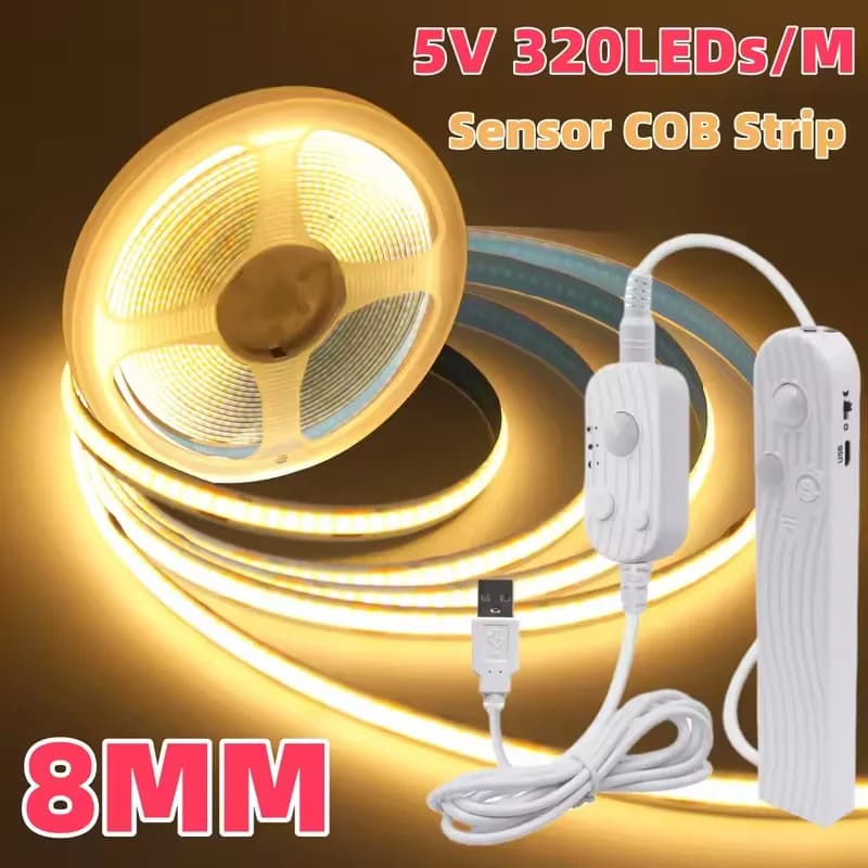 5V COB LED Strip Light Sensore di movimento Dimmerabile Flessibile 8MM Nastro LED USB/alimentato a batteria Illuminazione notturna per camera da letto per scale