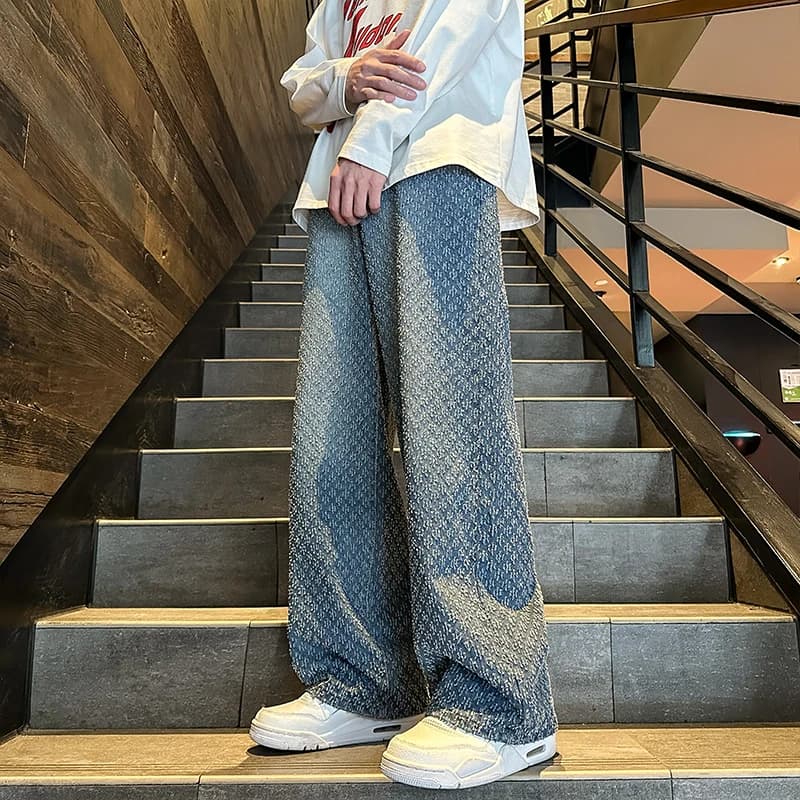 Jeans men Fashion hombre Jacquard Pattern Denim Pants Male Straight Fitting Baggy Bottoms Distressed Wide Jeans For Men