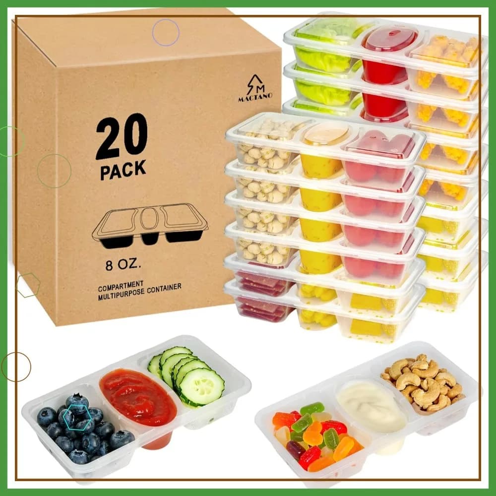 Contenitori per Snack Riutilizzabili da 8 OZ con Coperchi, Confezione da 3 Scomparti, 20 Set per Preparazione Pasti