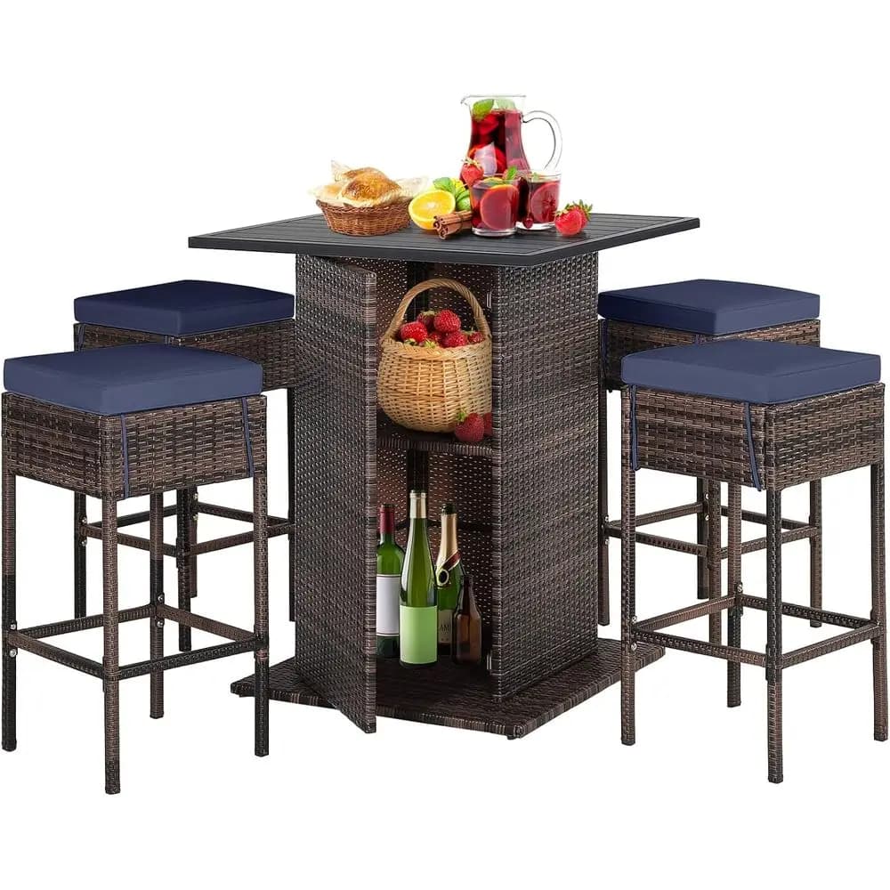 Outdoor Rattan Bar Set with 4 Stools, Patio Wicker Table and Chairs, Bar Height Furniture with Cushions