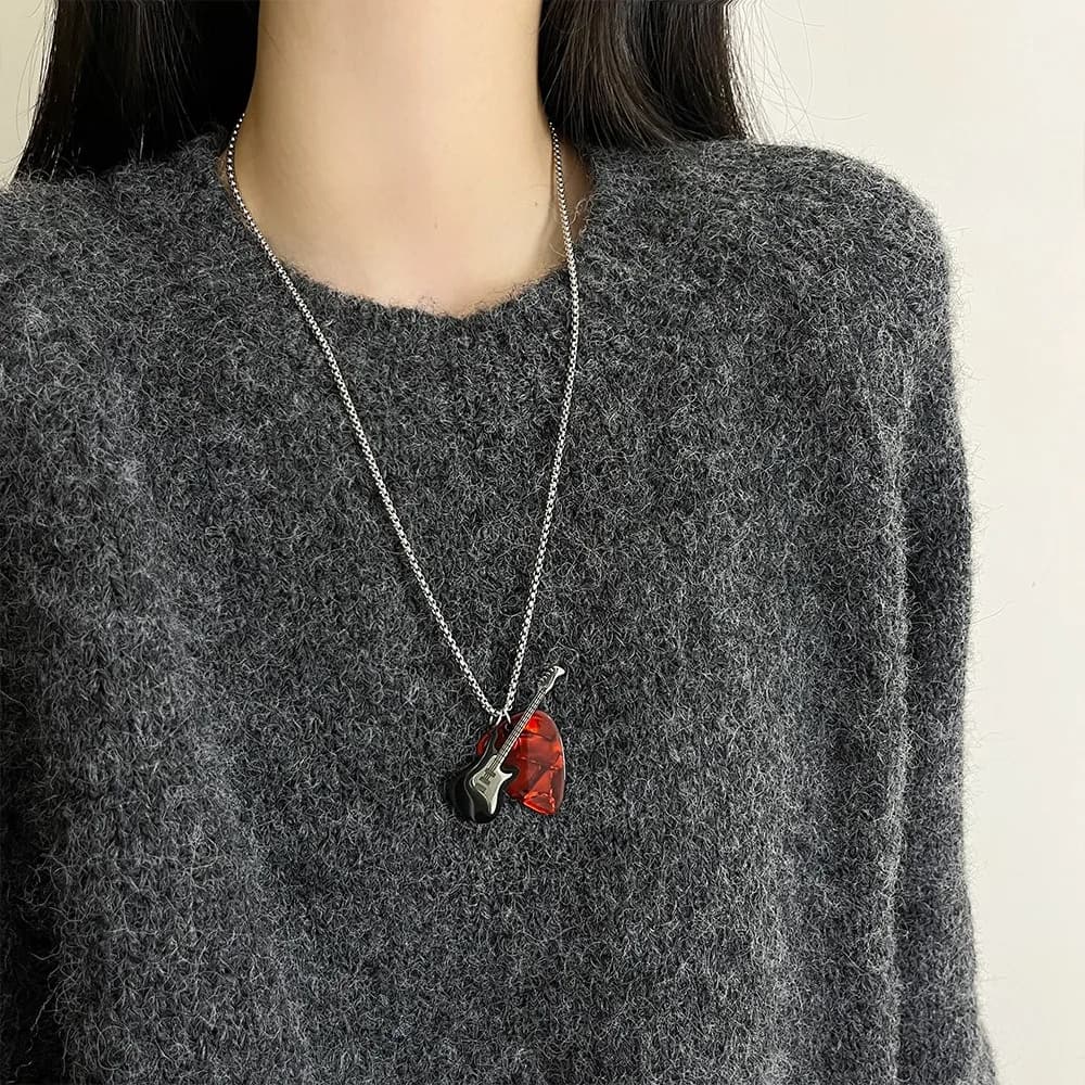 Hip-hop Guitar Pick Pendant Necklace Titanium Steel Punk Guitar Chain Choker Trendy Vintage Electric Guitar Sweater Chain Boys
