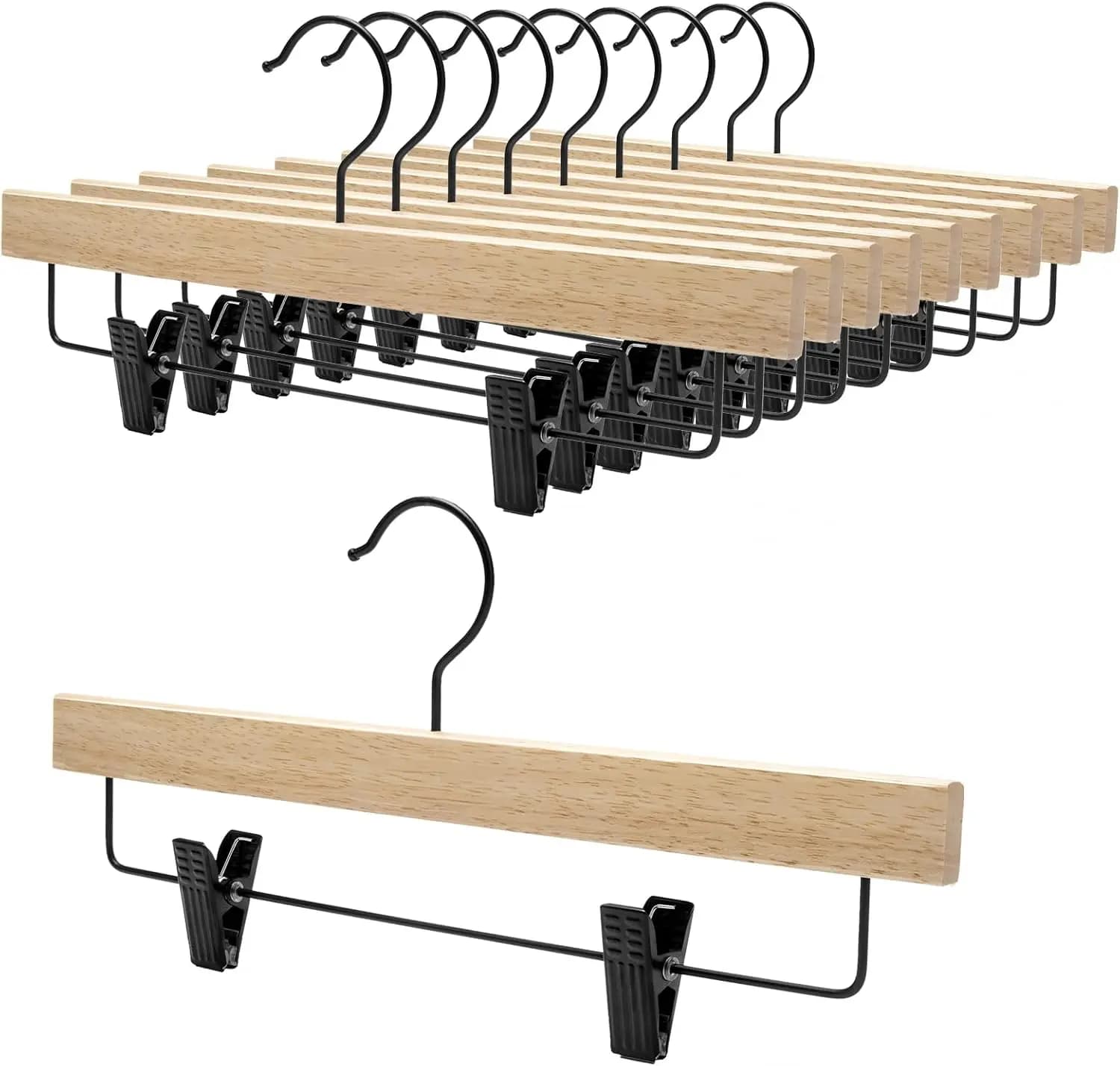Set di 10 Appendiabiti in Legno Premium con Clip Regolabili e Gancio Girevole, per Jeans e Gonne