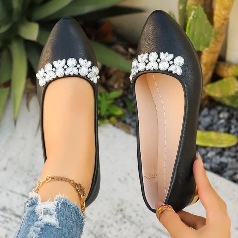 Women's Flats Pointed Toe Low Heel Leather-Look Upper Crystal-Look Accent Metallic-Look Heels Casual Walking Outdoor Footwear