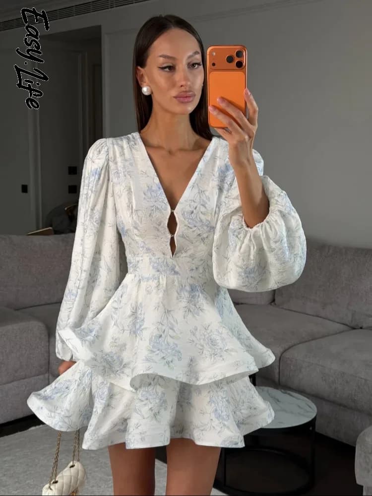 Women Floral Print Mini Dress V-neck Balloon Sleeve Keyhole Detail Tiered Ruffle Hem Dresses 2026 New Summer Holiday Party Gowns
