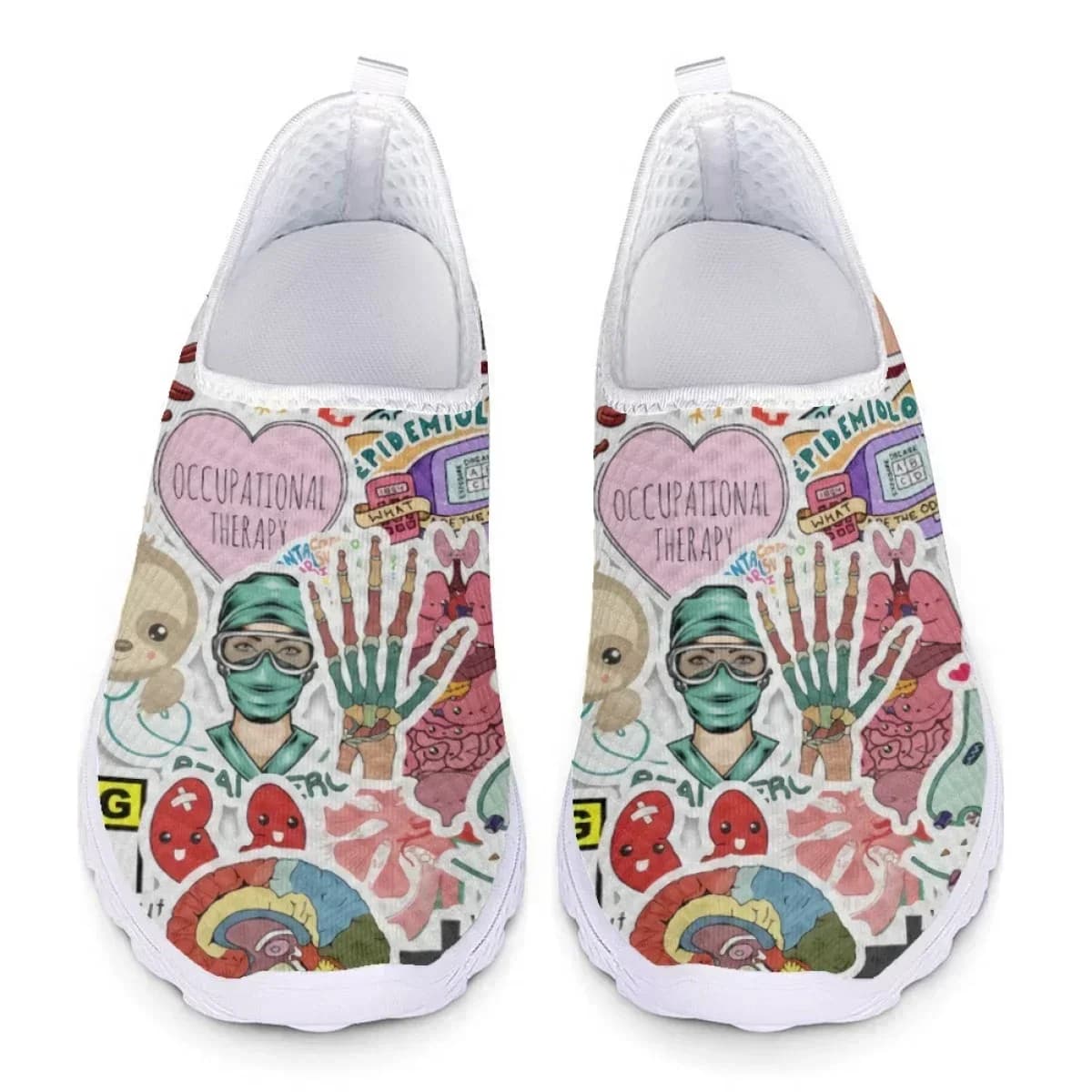 Scarpe da infermiera da donna, leggere, slip-on, piatte, con design a strumenti medici, sneakers in rete da donna, mocassini da infermiera