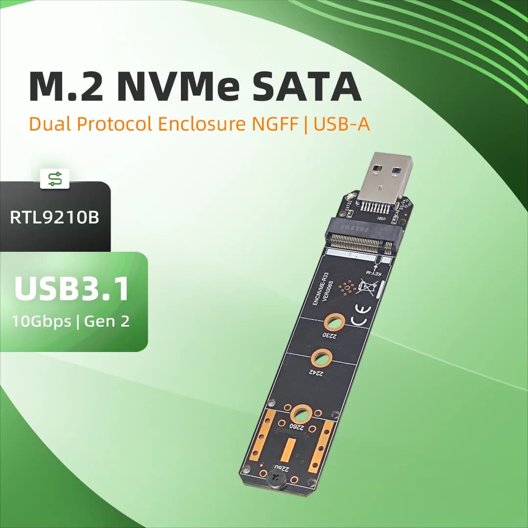 Box esterno per SSD M.2 con doppio protocollo USB 3.1 a NVMe/SATA, chipset RTL9210B, interfaccia NGFF M.2 Tipo A