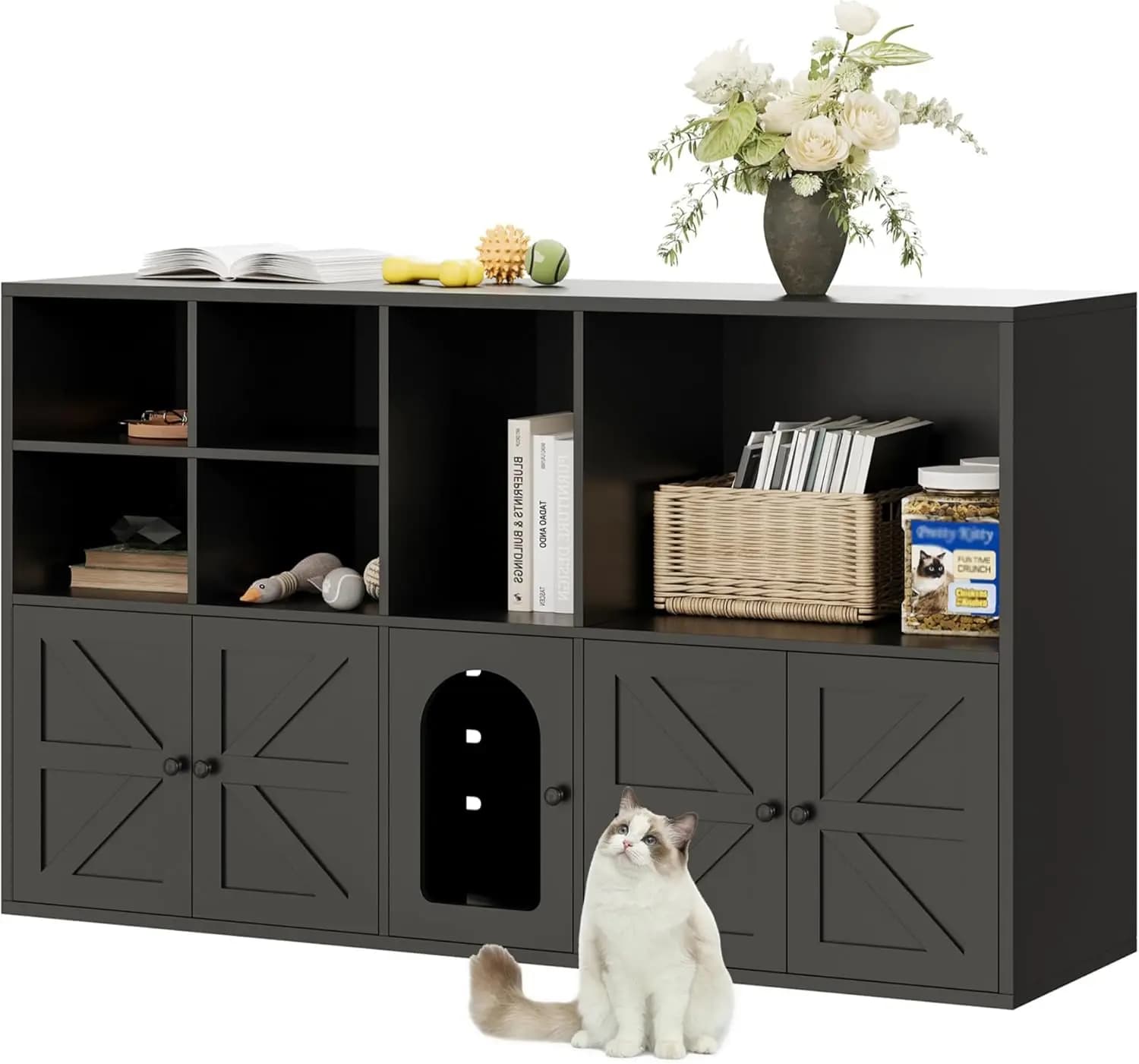 IRONCK Contenitore per lettiera per gatti per 2 gatti, mobili per lettiera nascosti con doppia stanza e ampio spazio di archiviazione, libreria