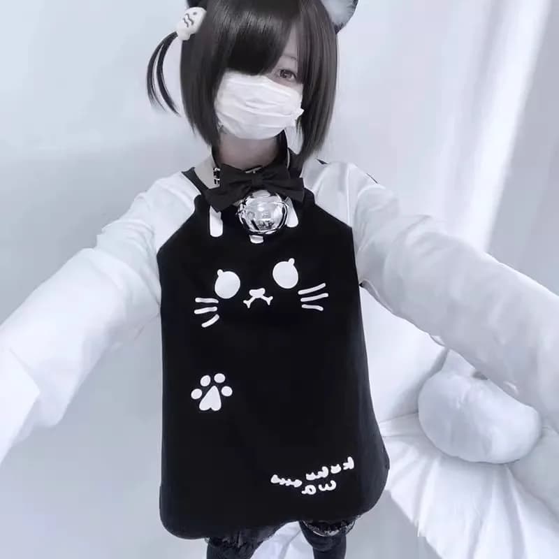 Spring Subculture Sweet Cute Long Shirts Print Long-sleeved Loose 2024 T-shirt Woman Y2k Black White Kawaii 2000s Blouse