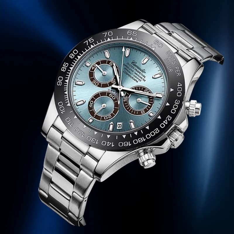 An elegant and elegant three-eyed multipurpose quartz watch with men's silver steel strap