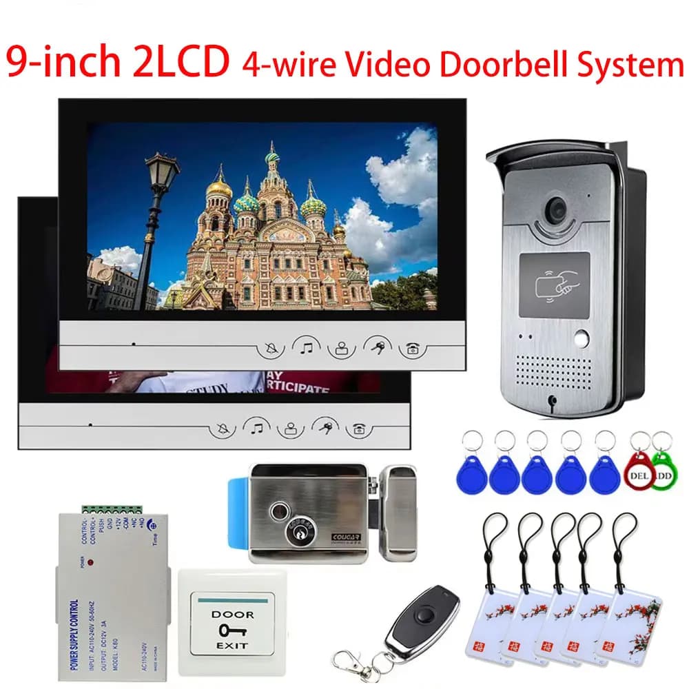 9 inch LCD 4-Wire Wired Video Door Phone Intercom Entry System 2 Monitor + 1 ID Card Key Camera + Electric Control Door Lock
