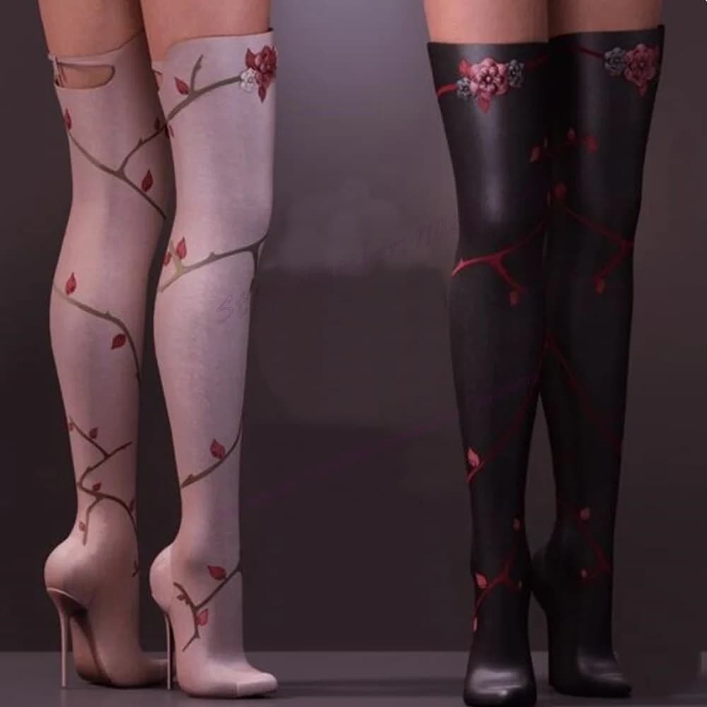 Decorazione floreale rosa Stivali alti alla coscia attillati Scarpe in pelle opaca per le donne Tacchi alti sottili Scarpe sexy 2023 Zapatos Para Mujere