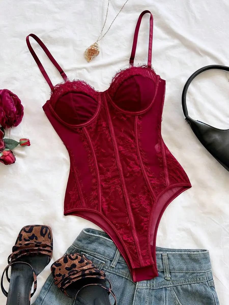 Red Lace Bustier Bodysuit With Leopard Print Sandals And Jeans