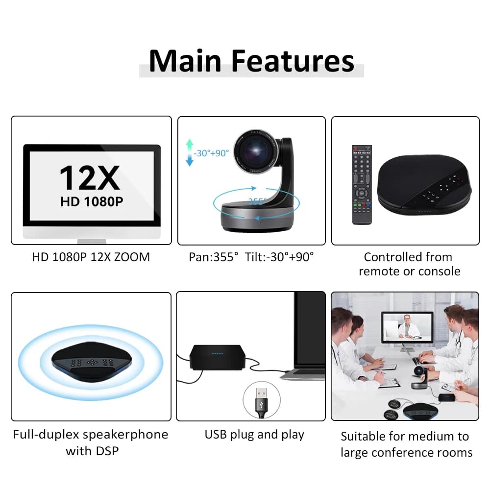 Telecamera per Videoconferenze Kato con Altoparlante e Hub, Controllo Micro Soft Teams Webcam PTZ Pan Tilt Zoom