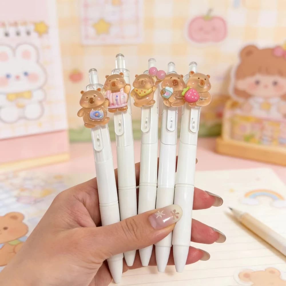 Set di 5 Penne Gel a Forma di Capibara, 0.5mm, Scrittura Fluida, Inchiostro Nero, Retrattili, Cancelleria Estetica per Scuola, Diario e Appunti
