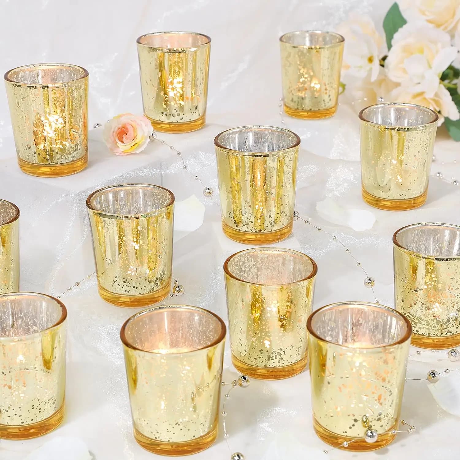 Set di 24 Portacandele Votivi in Vetro Mercurizzato Dorato per Decorazioni di Matrimoni e Centrotavola