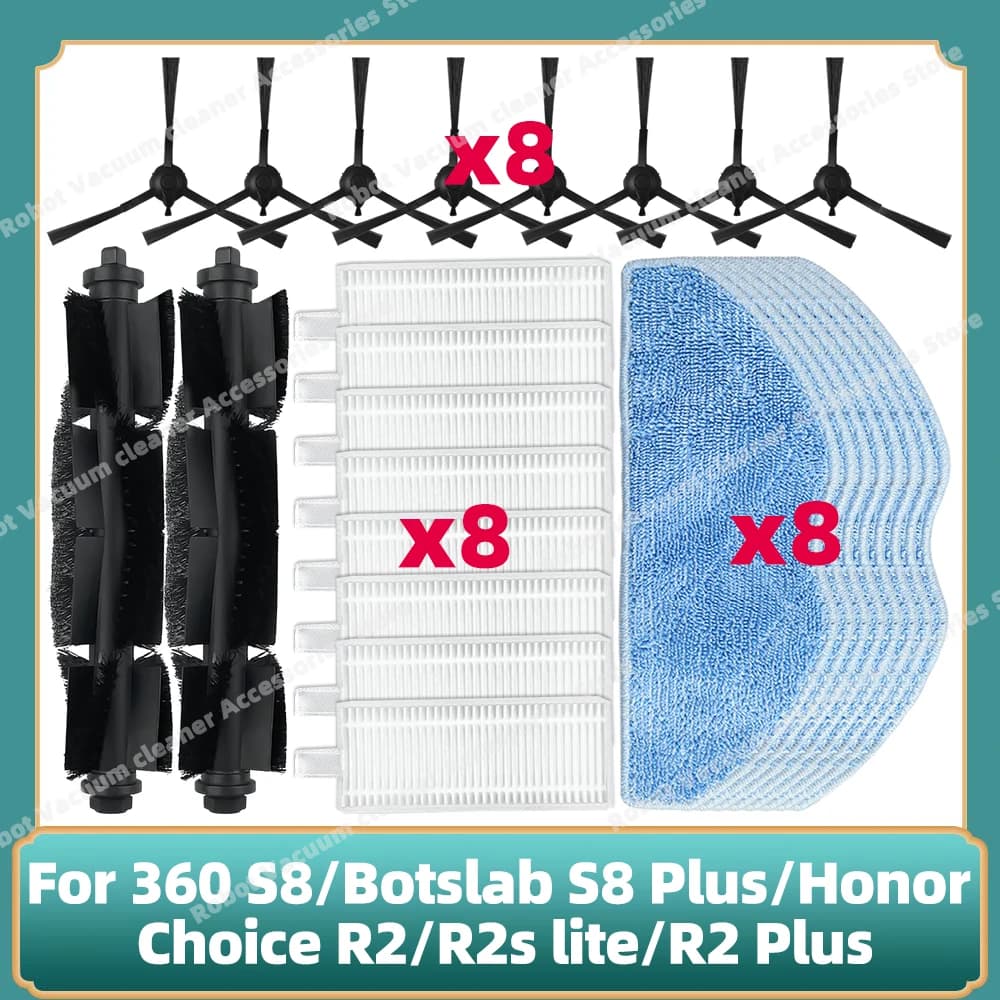 Compatible For 360 S8 / Botslab S8 Plus / Honor Choice R2 / R2s lite / R2 Plus Spare Main Side Brush Filters Mops Parts