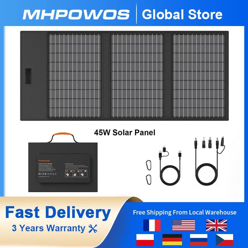 Caricatore solare per pannello solare MHPOWOS da 45 / 60 W, caricabatterie per pannello solare monocristallino ad alta efficienza 23,5% per videocamera da escursionismo per telefono