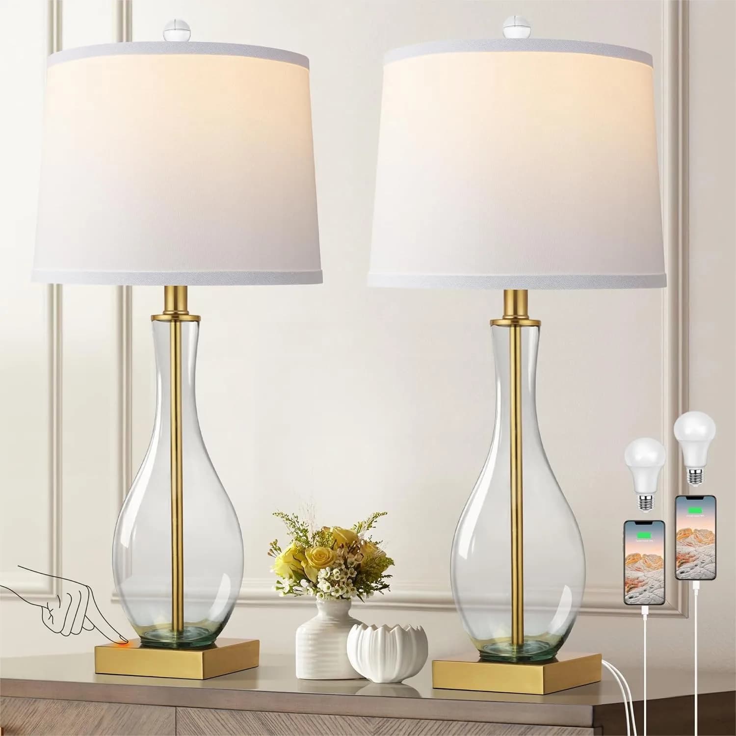 Set di 2 Lampade da Tavolo con Controllo Touch, Lampade da Comodino da 27 Pollici, Lampada Moderna in Vetro Dimmerabile a 3 Livelli con USB-C