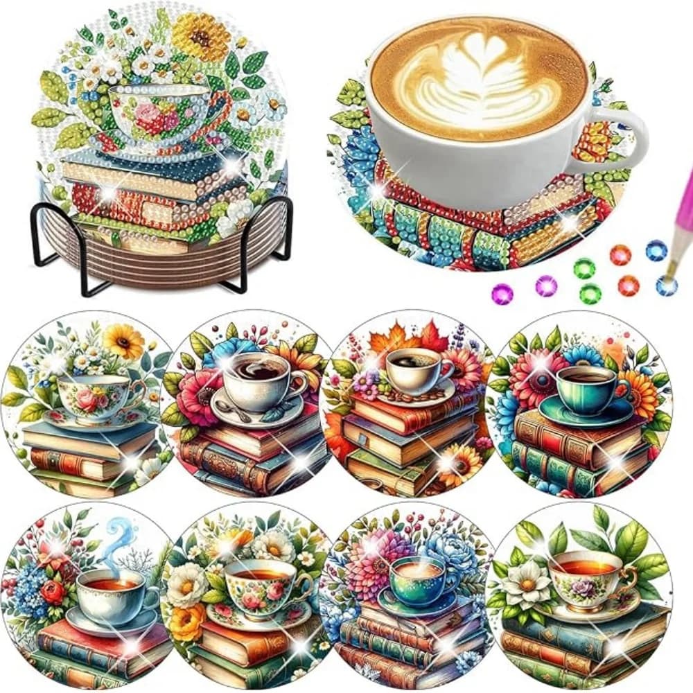 Set di 8 Sottobicchieri con Supporto per Pittura Diamantata Fai-da-Te, Motivo Libro, Adatti per Adulti e Principianti