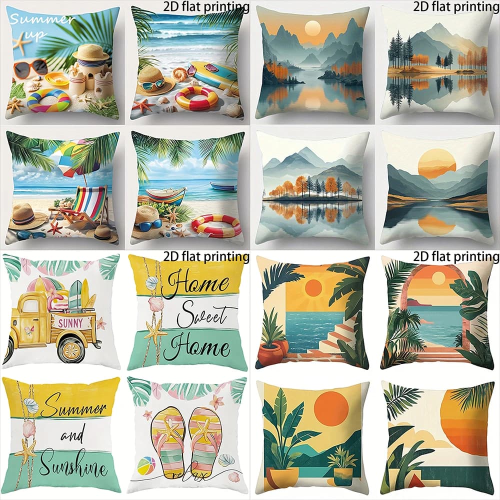 2D FLAT-4 pieces Tropical Beach Pillow Covers , Suitable for family sofas, farmhouse decoration cushion covers.