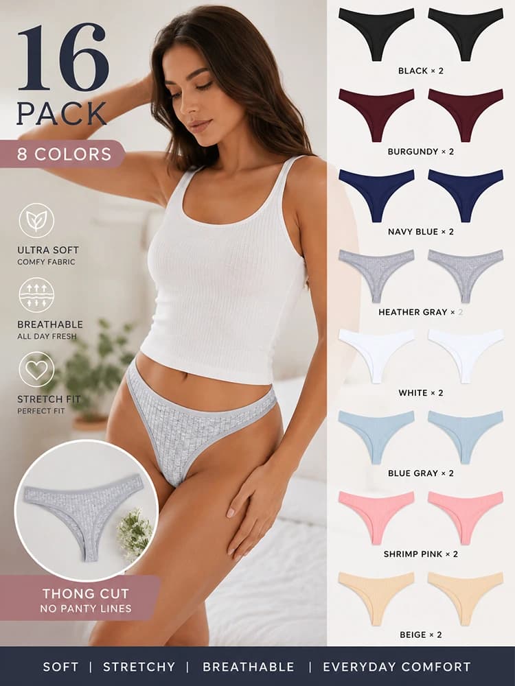 FINETOO 16Pcs Women's Ribbed Cotton Thongs Low Waist Seamless Soft Stretch Breathable Panties Daily Basic Solid Color Underwear Ladies Minimalist Tanga Sexy Briefs