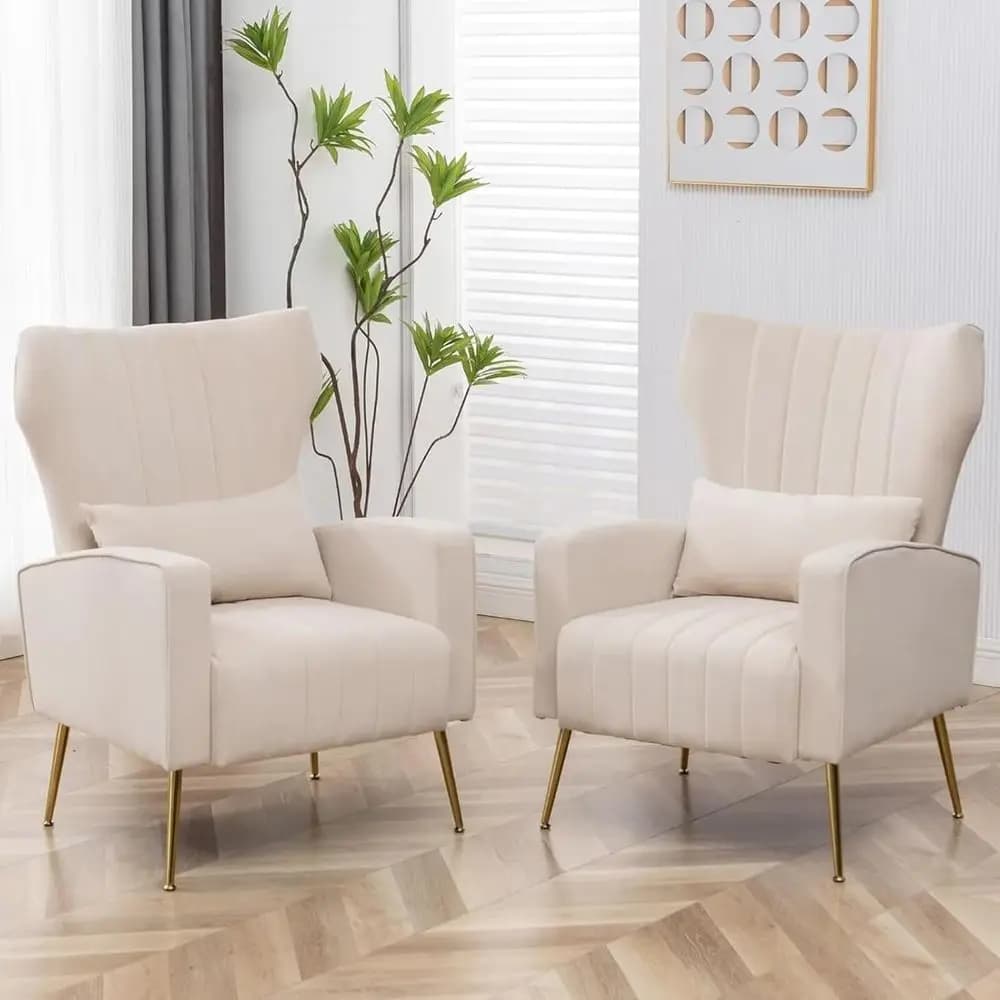 Set di 2 Poltrone in Velluto, Poltrona Wingback per Soggiorno, Sedia da Lettura con Schienale Alto e Gambe, Cuscino Lombare, Imbottita