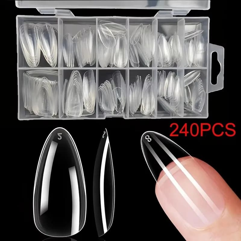 240 pezzi di unghie finte a mandorla, trasparenti, opache, morbide, per extension unghie, 12 misure, per manicure fai da te a casa o in salone.