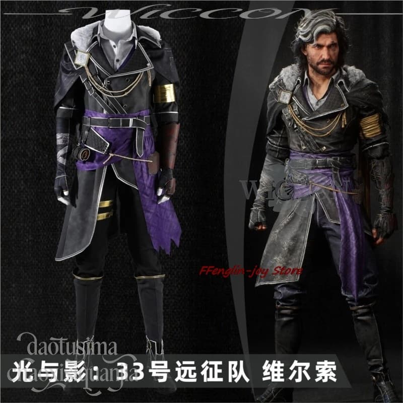 Disfraz Mascaras Gioco Anime VerlesoIm Cosplay Punk Battaglia Nero Viola Pu Uniforme Retro Stile Vichingo Cappotto Pantaloni Sexy Natale