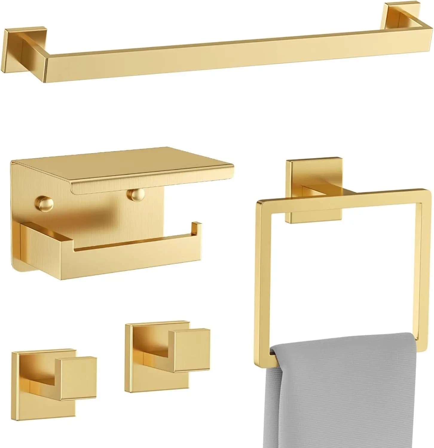 Set Portasciugamani Oro Spazzolato, Porta Carta Igienica Migliorato con Mensola, Accessori Bagno in Acciaio Inossidabile