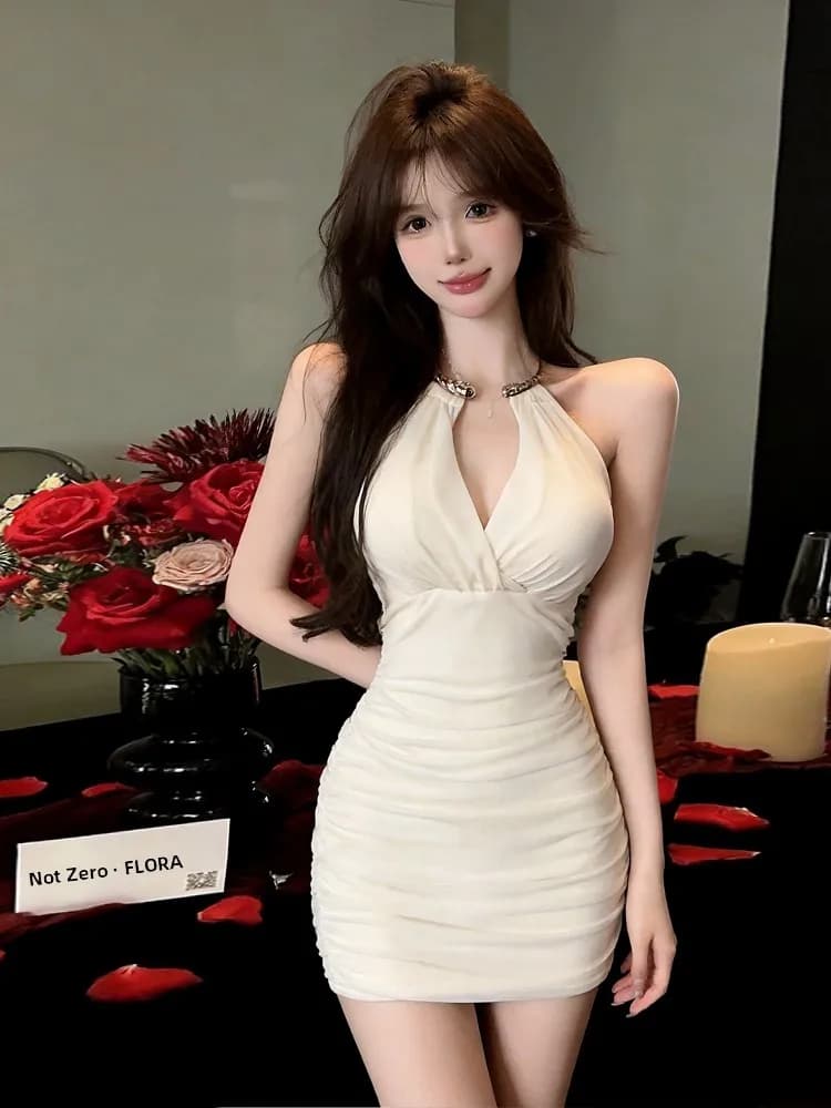 Sexy Pure Desire V-Neck Sleeveless Short Mesh Wrap around Skirt Backless Pleated Dress Women's High Waist Netting Splice Slim...