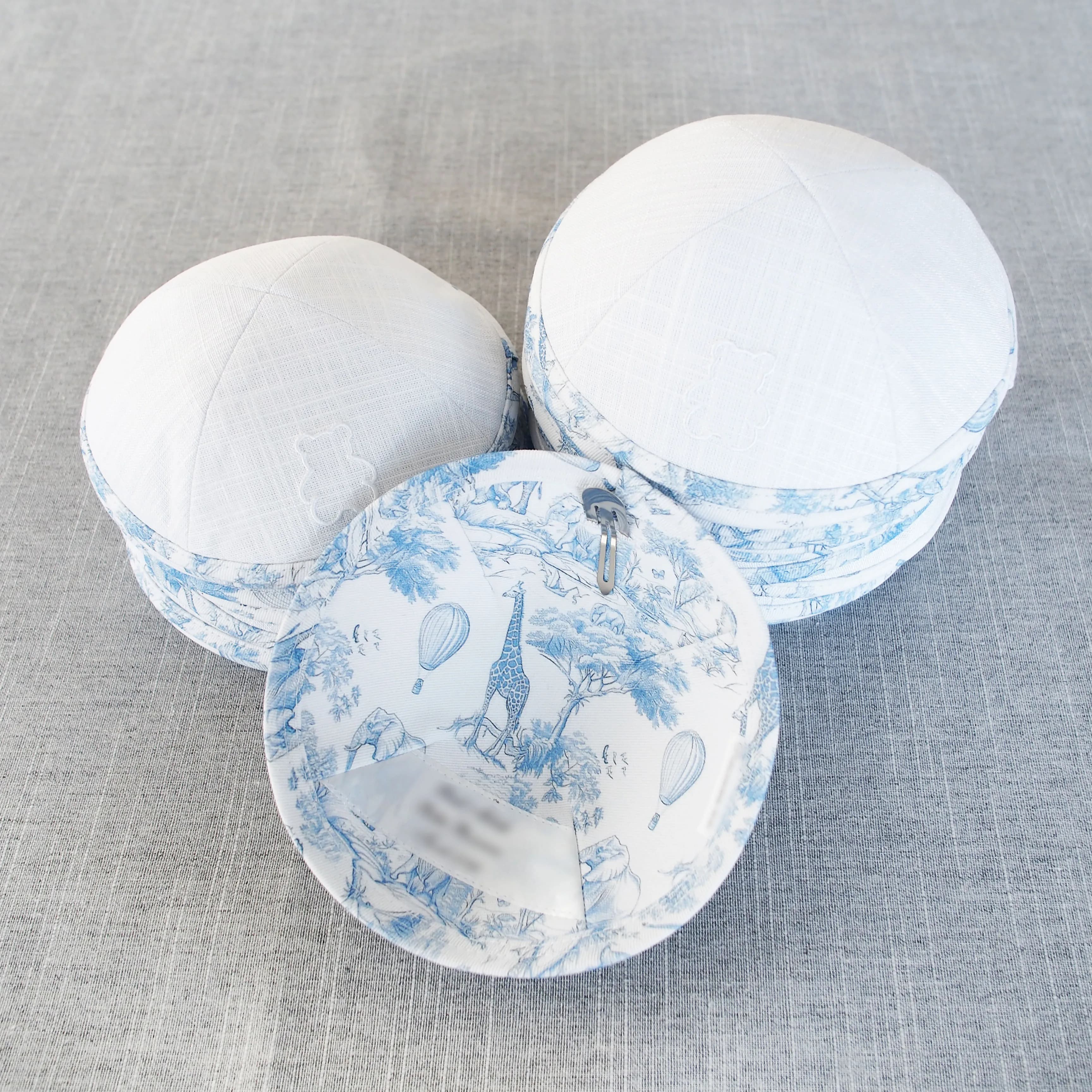 Custom white embroidered linen kippah, custom digital printing, Jewish Ahava accessories, kippahs for weddings and bar/bat mitzv