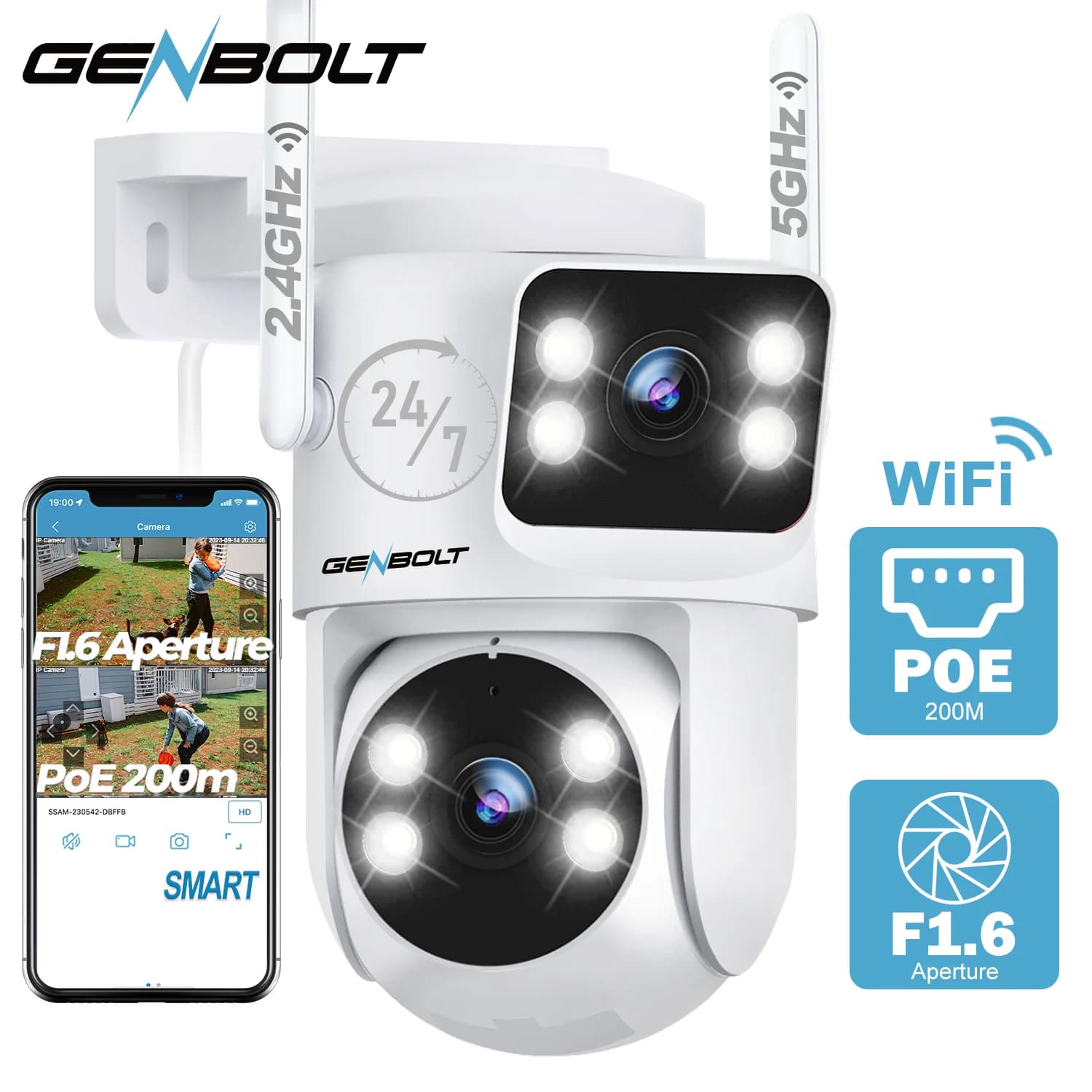 GENBOLT PTZ WiFi Security Camera Outdoor, CCTV Camera with Dual View, Lens Home Surveillance IP Camera with Color Night