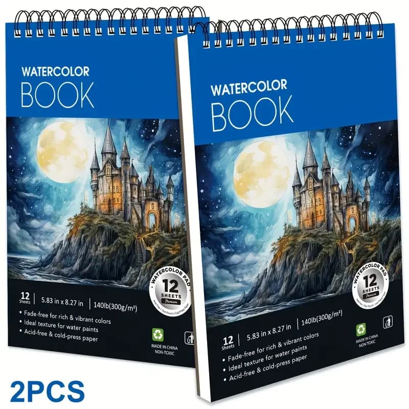 2pcs 12 Sheets Watercolor Sketchbook 14.81 x 21.01 cm, Watercolor Paper Cold Press (63.5KG/300gsm), Spiral Bound Water C