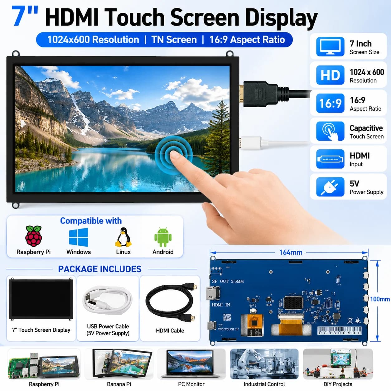 7 Inch Capacitive Touch Screen LCD Display and drive board Kit HDMI-Compatible for Raspberry Pi 4B/3B+ Orange Pi PC DIY Monitor