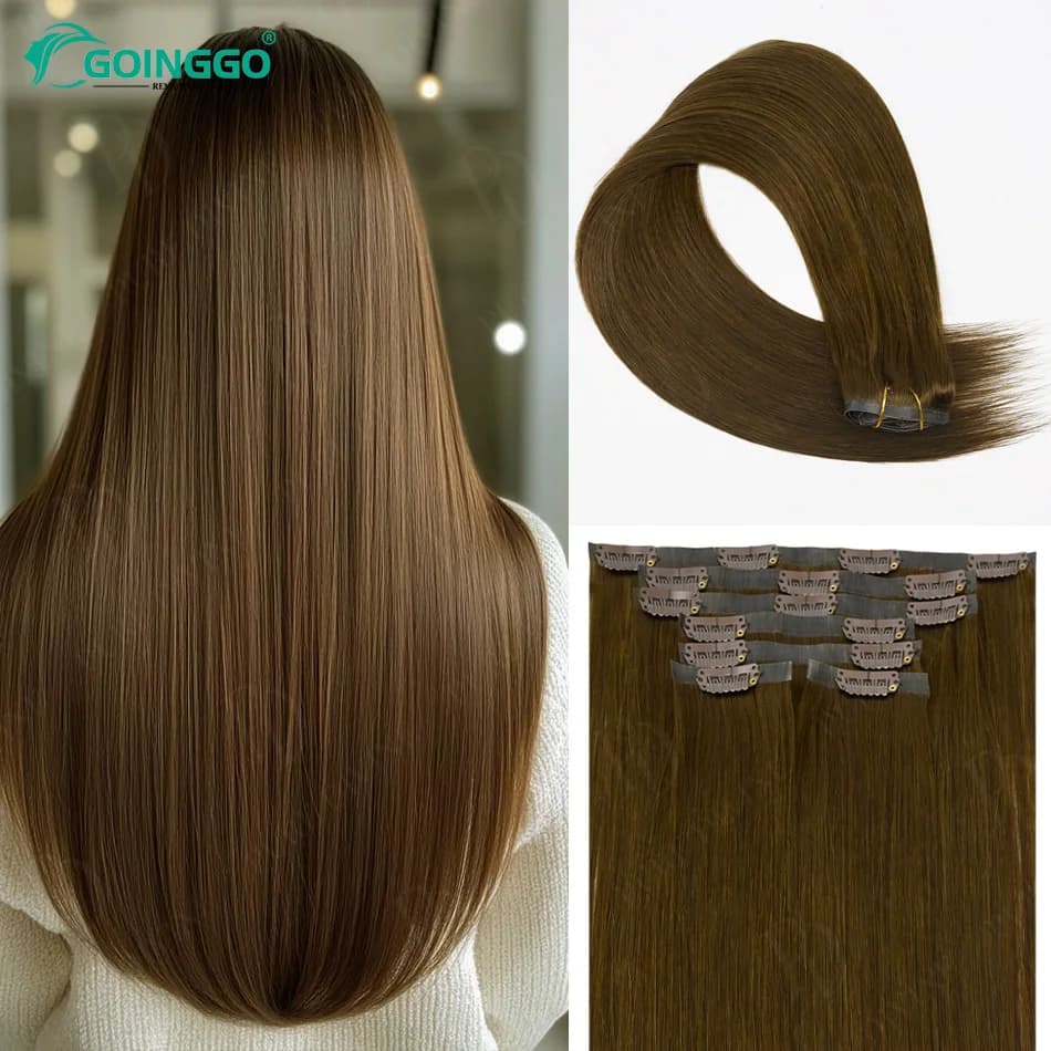 Clip in Hair Extensions Real Human Hair Brown Seamless Hair Extensions Clip in with PU Weft Remy Human Hair Medium Brown 4# 110g