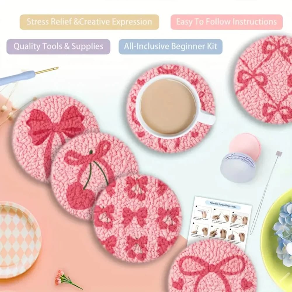1 set di 6 modelli kit sottobicchiere con ago per punzonatura per principianti, set da ricamo facile con cerchio/filo, decorazioni per la casa fai da te, set di forniture per cucire