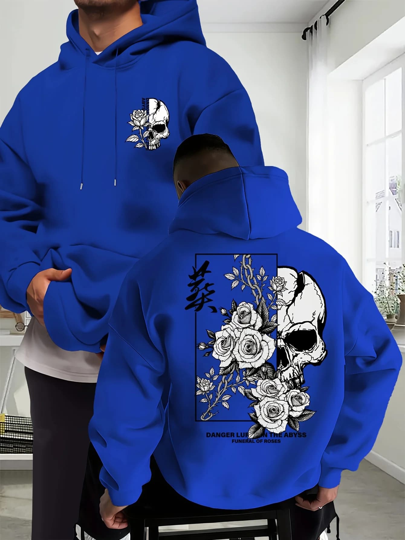 2026 Men Skull Rose Tattoo‑Style Pullover Hoodie, Front‑Back Graphic Print, Kangaroo Pocket Casual Street Hooded Top