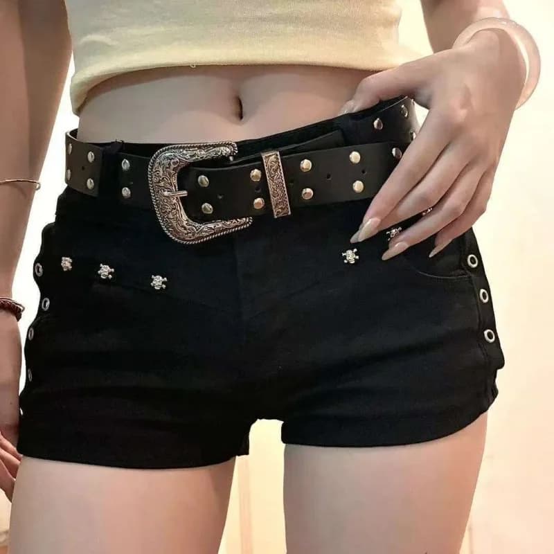 Women Dark Style Y2K Tight Fitting Black Denim Shorts Rivet Design Low Waist Slimming Hot Short Pants