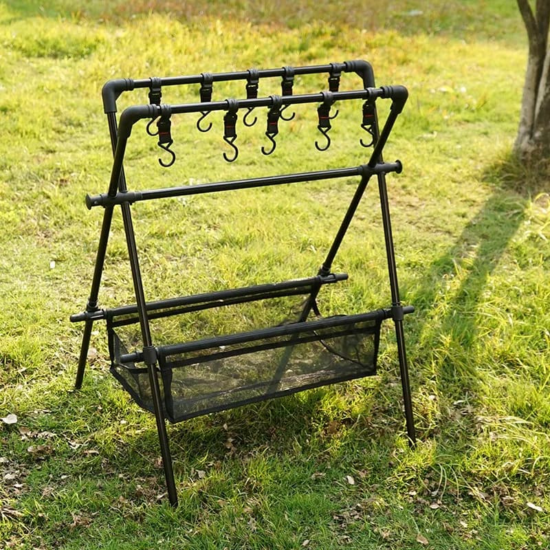 2 Layer Camping Cookware Hanging Rack Tripod Stand Hooks Foldable Multifunctional Organizer for Hiking Picnic Bonfire Barbecue