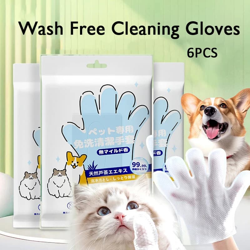 Guanti per la pulizia senza lavaggio per animali domestici, bagno per gatti e cani, deodorizzazione, pulizia a secco, salviette umidificate per cuccioli e gattini, 6 pezzi