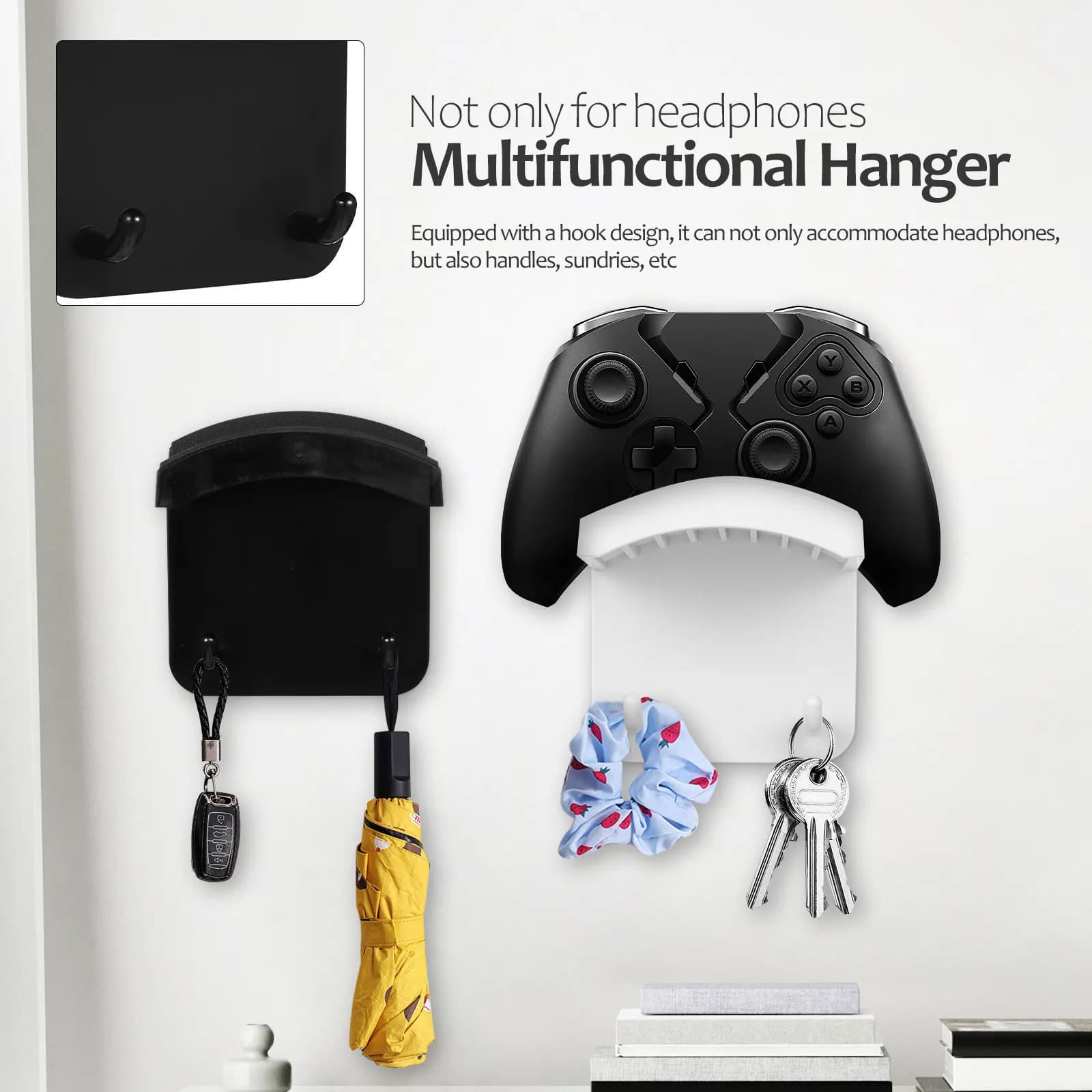 2Pcs Adhesive Headphone Hanger Wall Desk Edge Under Desk Mount Headset Stand for Home Office Dorm Gaming Room ABS Dual Hook