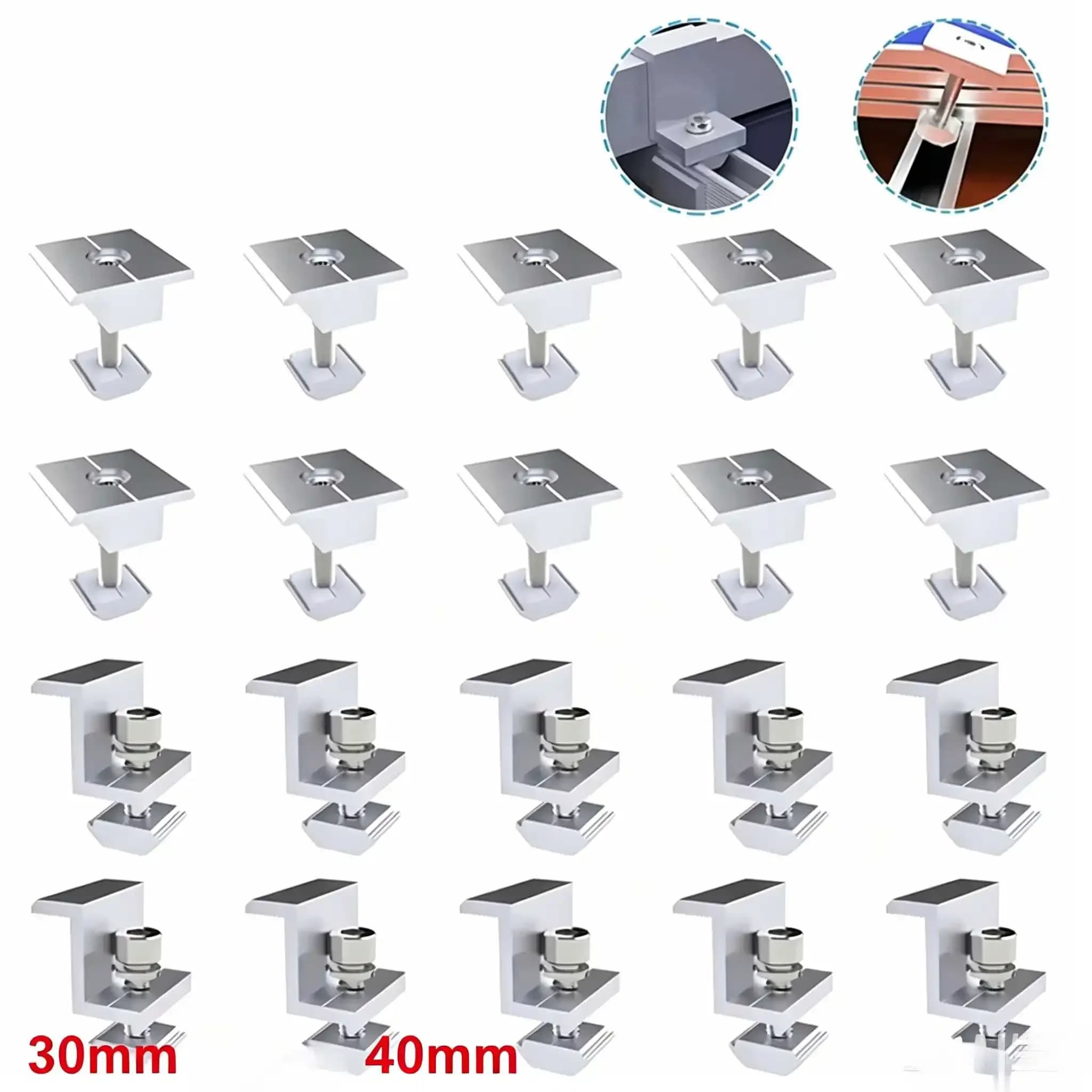 10pcs Solar Panel Adjustable Bracket Clamps PV Bracket Mounting Clip Solar Mid And End Clamp 30mm 35mm 40mm For Fixing
