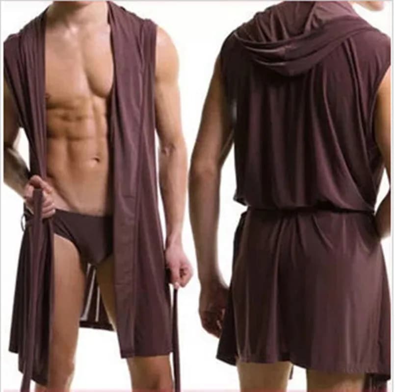 Men's bathrobe, cool and silky, men's hooded sleeveless bathrobe, thin style, does not include underwear