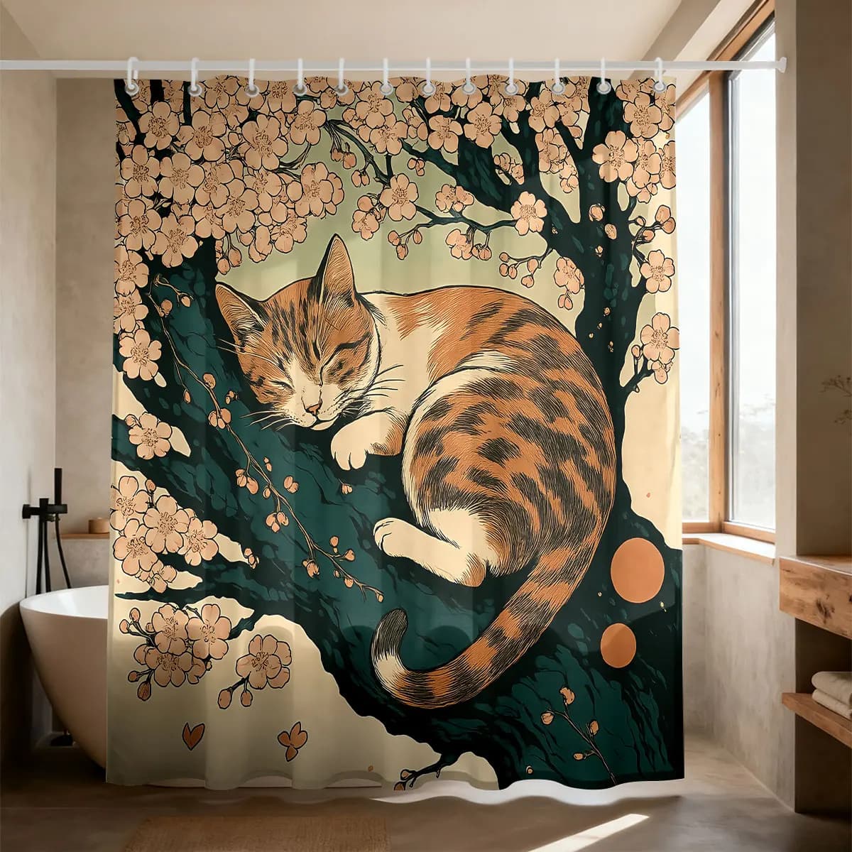 1PC Japanese Vintage Cherry Blossom Tree Sleeping Orange Cat Shower Curtain Waterproof Privacy Partition Hanging Curtain