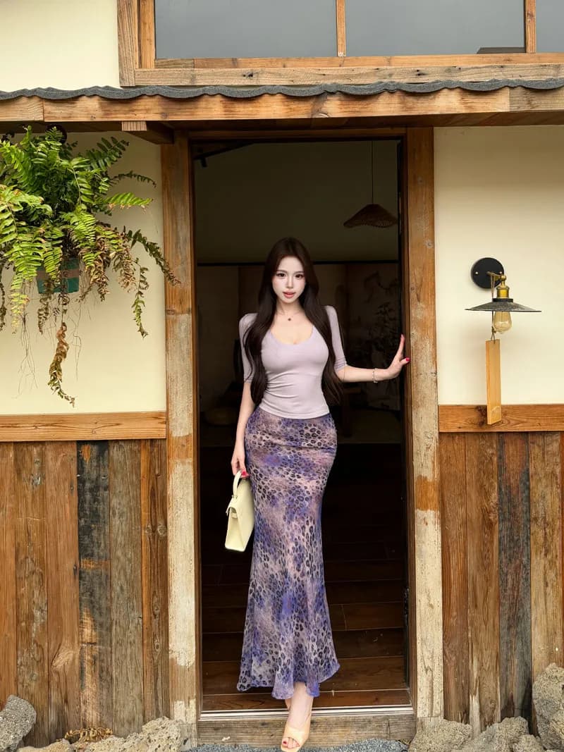 Kumikumi Pure Desire Purple U-Neck Short Sleeve T-Shirt Women's Summer Leopard Print Skirt Two-Piece Set Slim Fit High W...
